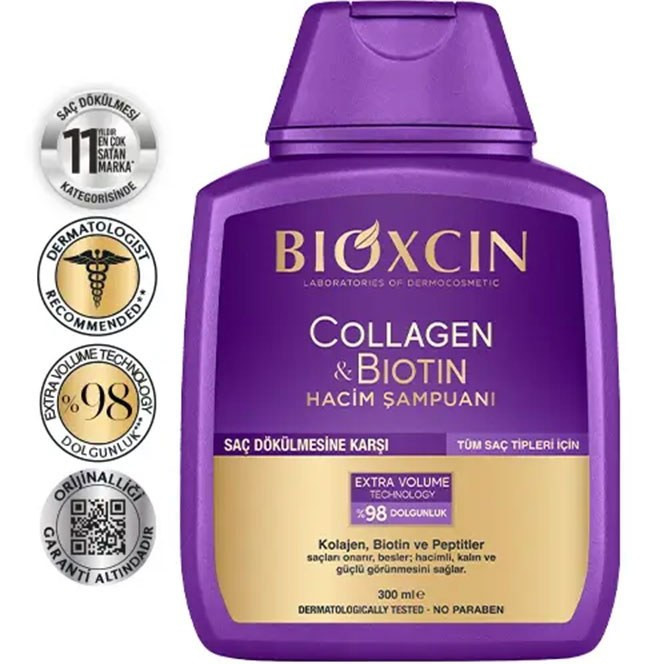 شامپو حجم دهنده و ضد ریزش کلاژن و بیوتین بیوکسین BIOXCIN حجم 300 میل